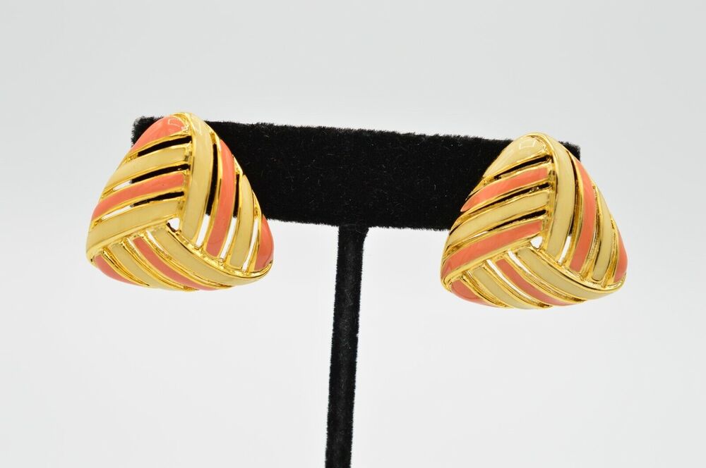 TAT Vintage Statement Earrings Gold Pink Off White Enamel NOS Signed 1980s Bin7